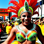 Vibrant street carnival in Rio de Janeiro, Brazil. Samba dancers in colorful costumes, energetic crowd.