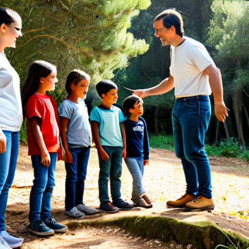 Home 11 Outdoor Learning Scene**
A group of children, fully clothed in appropriate outdoor attire (jeans, t-shirts, sweaters, sturdy shoes), are gathered around a nature educator in a lush forest setting in Portugal. The educator is pointing to a native plant species. Sunlight filters through the trees, creating a warm and inviting atmosphere. Include local flora. Safe for work, family-friendly, appropriate content. Perfect anatomy, correct proportions, natural pose, well-formed hands, proper finger count, natural body proportions, professional photography, high quality, realistic style.
**