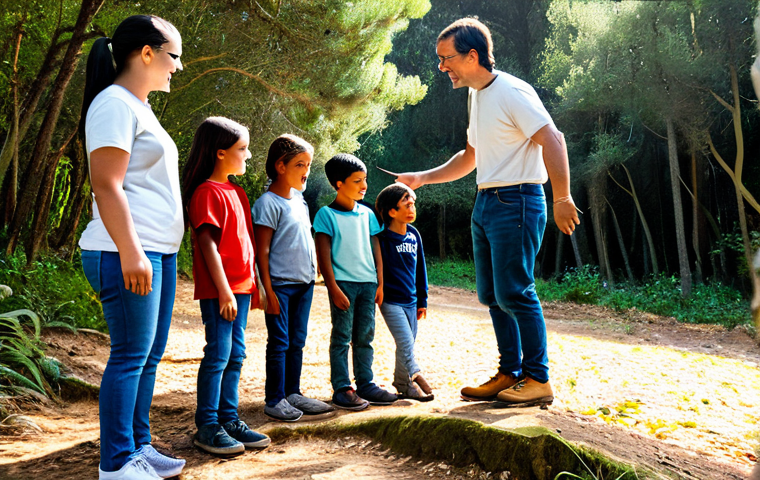 Outdoor Learning Scene**
A group of children, fully clothed in appropriate outdoor attire (jeans, t-shirts, sweaters, sturdy shoes), are gathered around a nature educator in a lush forest setting in Portugal. The educator is pointing to a native plant species. Sunlight filters through the trees, creating a warm and inviting atmosphere. Include local flora. Safe for work, family-friendly, appropriate content. Perfect anatomy, correct proportions, natural pose, well-formed hands, proper finger count, natural body proportions, professional photography, high quality, realistic style.
**