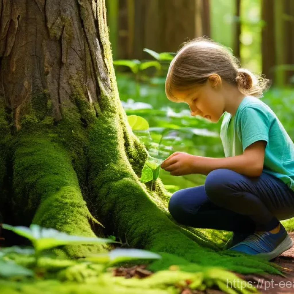 자연 연결 교육의 필수 요소 및 원칙 - **Prompt:** A group of diverse children, aged 6-10, are exploring a lush, sun-dappled forest path. O...