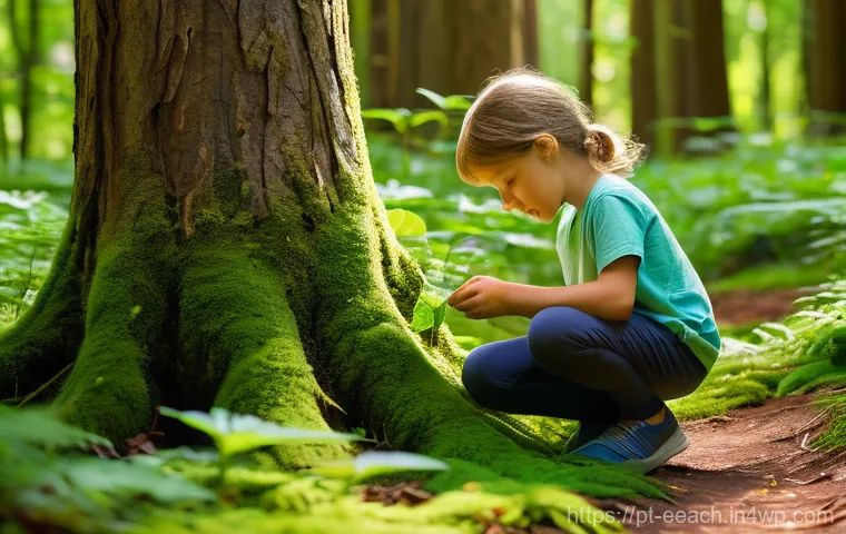 자연 연결 교육의 필수 요소 및 원칙 - **Prompt:** A group of diverse children, aged 6-10, are exploring a lush, sun-dappled forest path. O...