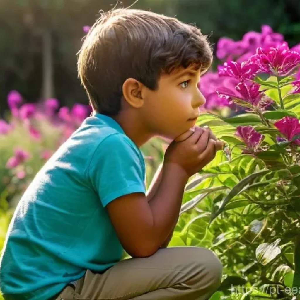 자연 연결 교육 프로그램의 커리큘럼 개발 - **Prompt:** A curious 6-year-old Brazilian boy, wearing a light blue t-shirt and khaki shorts, kneel...