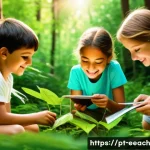 자연 연결 교육 프로그램 평가 방법 - **Prompt 1: Children's Nature Discovery Session**
    A vibrant, photo-realistic image depicting a d...