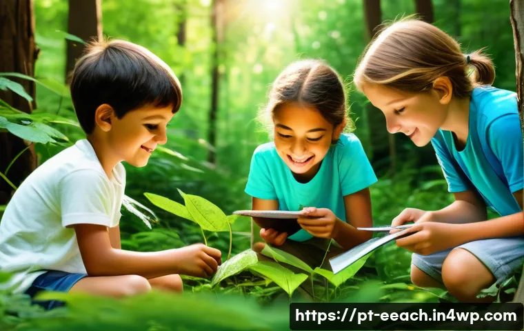 자연 연결 교육 프로그램 평가 방법 - **Prompt 1: Children's Nature Discovery Session**
    A vibrant, photo-realistic image depicting a d...