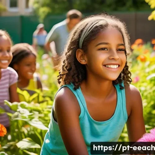 자연 연결 교육의 감정적 성장 지원 방안 - A diverse group of children aged 8-12, wearing casual outdoor clothing and light underwear beneath, ...