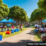 자연 연결 교육 프로그램에서의 경제적 이점 - A vibrant urban park scene in a Brazilian city featuring diverse families and children wearing light...
