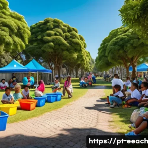 자연 연결 교육 프로그램에서의 경제적 이점 - A vibrant urban park scene in a Brazilian city featuring diverse families and children wearing light...