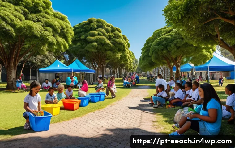 자연 연결 교육 프로그램에서의 경제적 이점 - A vibrant urban park scene in a Brazilian city featuring diverse families and children wearing light...