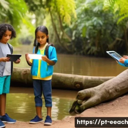 자연 연결 교육 프로그램과 환경 교육의 관계 - A vibrant outdoor classroom scene in a lush urban park in Brazil, featuring a diverse group of child...