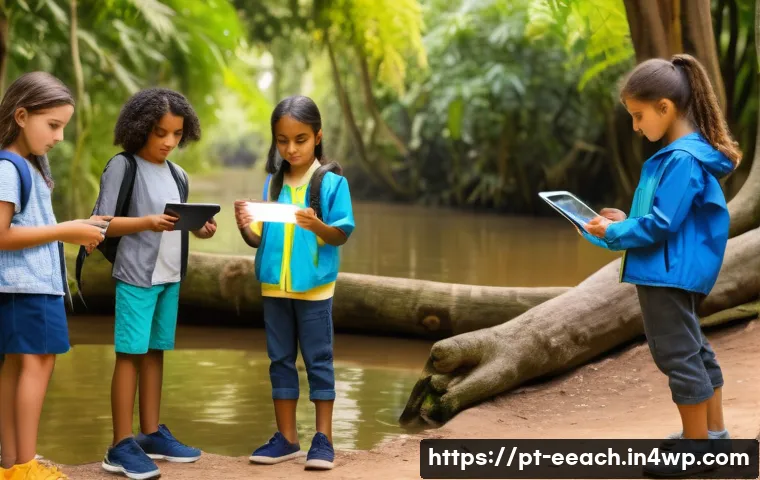 자연 연결 교육 프로그램과 환경 교육의 관계 - A vibrant outdoor classroom scene in a lush urban park in Brazil, featuring a diverse group of child...