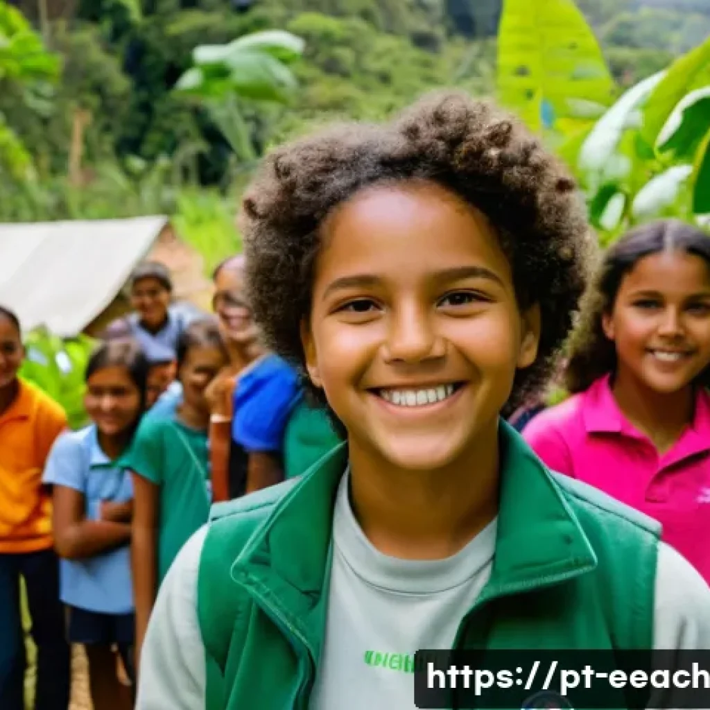 자연 연결 교육 프로그램의 비영리 조직과의 협력 - A vibrant outdoor classroom scene in a Brazilian rural community, showing a diverse group of schoolc...