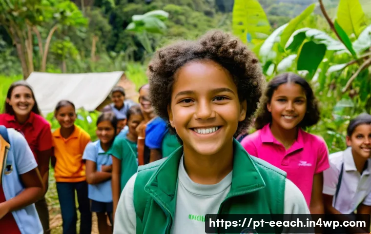 자연 연결 교육 프로그램의 비영리 조직과의 협력 - A vibrant outdoor classroom scene in a Brazilian rural community, showing a diverse group of schoolc...