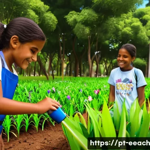 Home 32 자연 연결 교육 프로그램의 참여 방법 - A vibrant urban park workshop scene in Brazil, featuring diverse children and teenagers wearing casu...