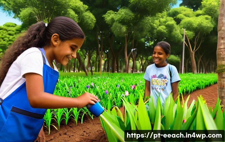 자연 연결 교육 프로그램의 참여 방법 - A vibrant urban park workshop scene in Brazil, featuring diverse children and teenagers wearing casu...