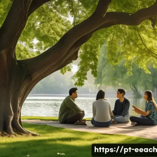 Home 31 자연과의 연결을 통한 창의성 개발 - A serene urban park scene during early morning light, featuring a diverse group of people engaging i...