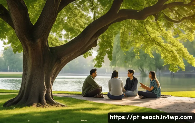 자연과의 연결을 통한 창의성 개발 - A serene urban park scene during early morning light, featuring a diverse group of people engaging i...