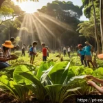 Home 23 자연 연결 교육 프로그램에서의 실습 기회 - A vibrant outdoor classroom scene in a Brazilian park, featuring a diverse group of children and adu...