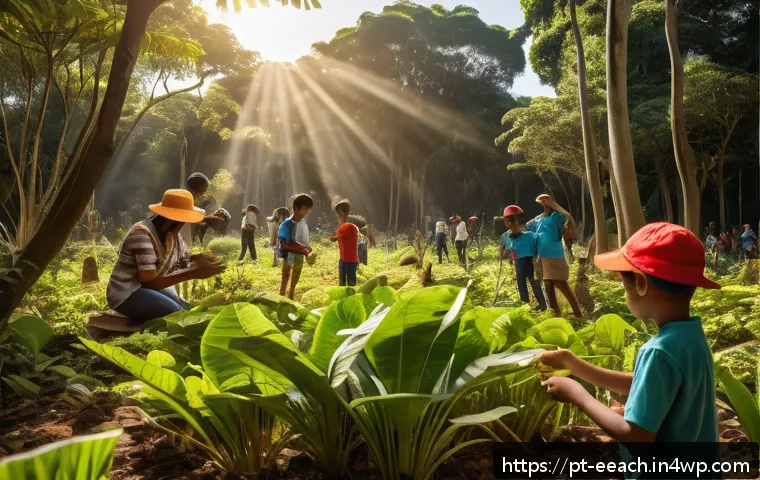 자연 연결 교육 프로그램에서의 실습 기회 - A vibrant outdoor classroom scene in a Brazilian park, featuring a diverse group of children and adu...