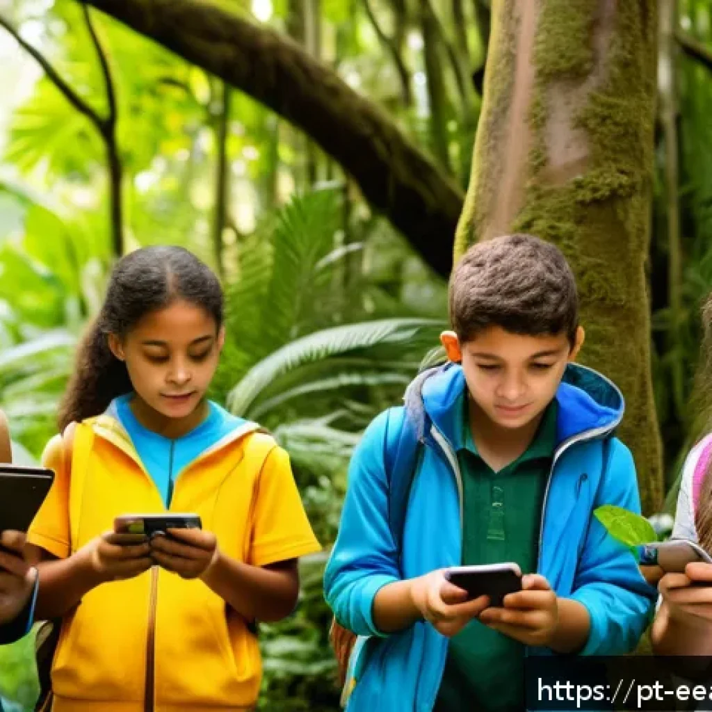 자연 연결 교육 프로그램과 자연환경 보호의 관계 - A vibrant outdoor educational scene in a Brazilian urban park, showing a diverse group of school-age...