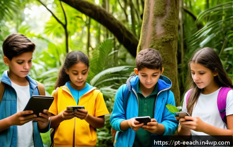 자연 연결 교육 프로그램과 자연환경 보호의 관계 - A vibrant outdoor educational scene in a Brazilian urban park, showing a diverse group of school-age...