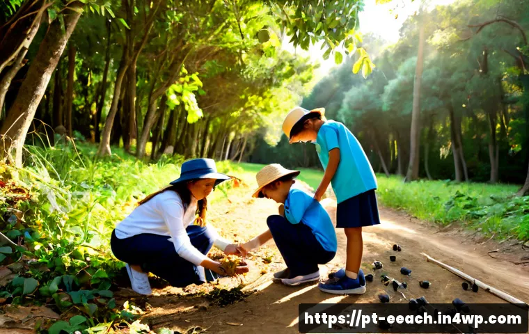 Home 17 자연 연결 교육의 장점과 혜택 - Photorealistic outdoor learning scene in a lush Portuguese countryside forest, diverse group of elem...